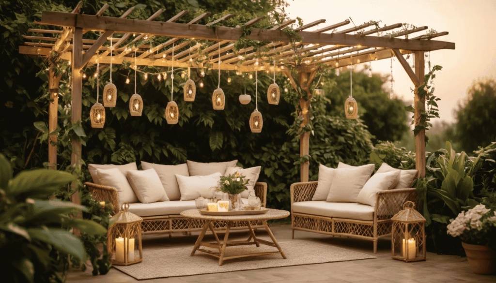Tonnelle ou pergola en bois, pleine de charme avec une décoration bohème
