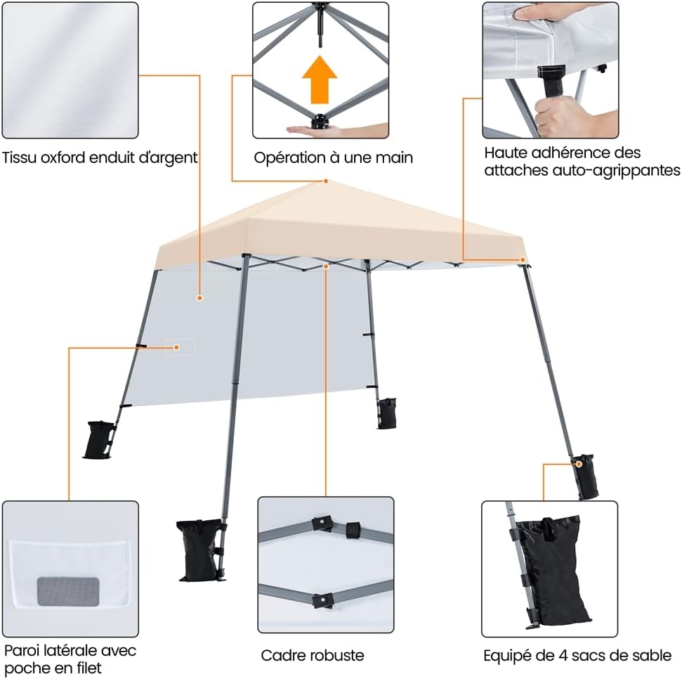 Tonnelle pas chère Yaheetech 3x3m avec sacs de lestage pour plus de stabilité et explications de l'installation rapide.