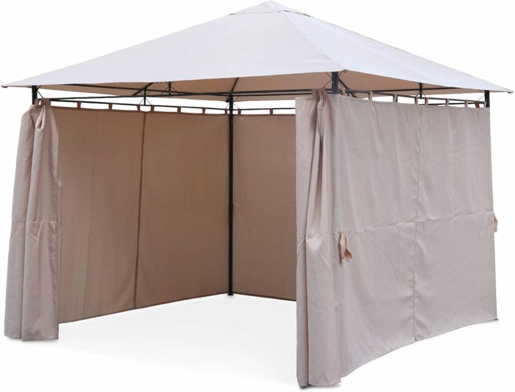 Toile polyester et rideaux zippés de la tonnelle pas chère Alice’s Garden Elusa pour plus d’intimité.