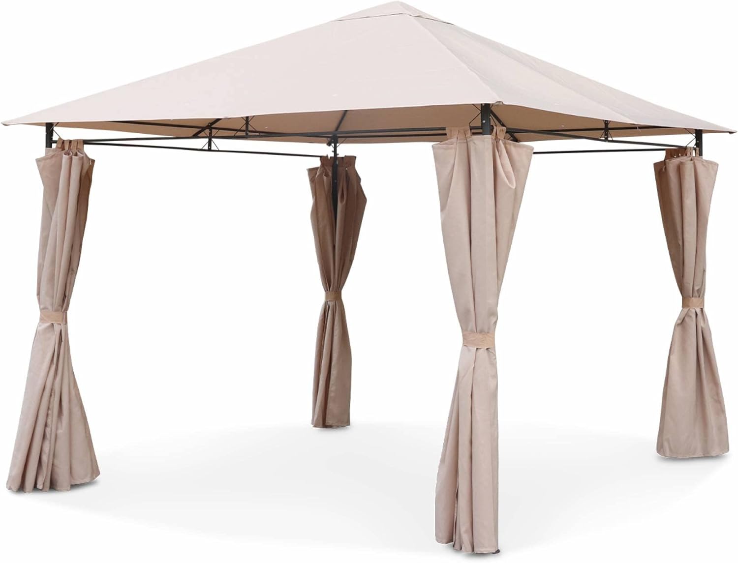 Tonnelle pas chère Alice’s Garden Elusa avec rideaux intégrés sur une terrasse aménagée.