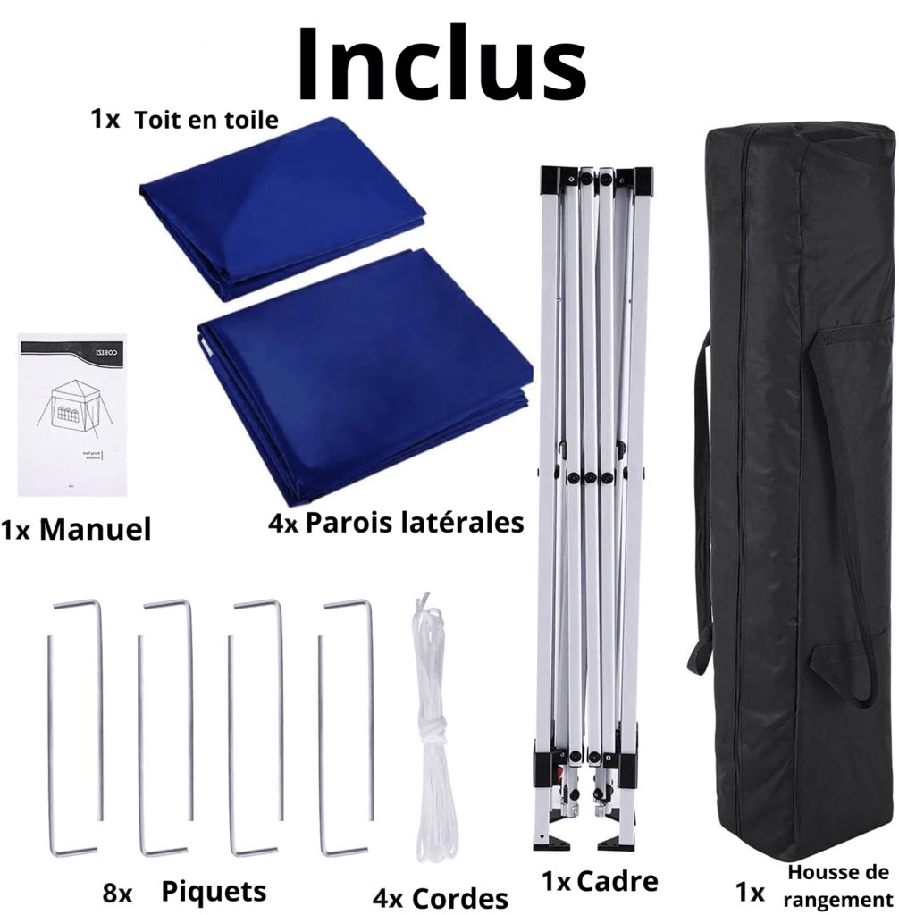 Tonnelle pas chère avec tous ses accessoires (parois latérales, piquets, housse de transport...)