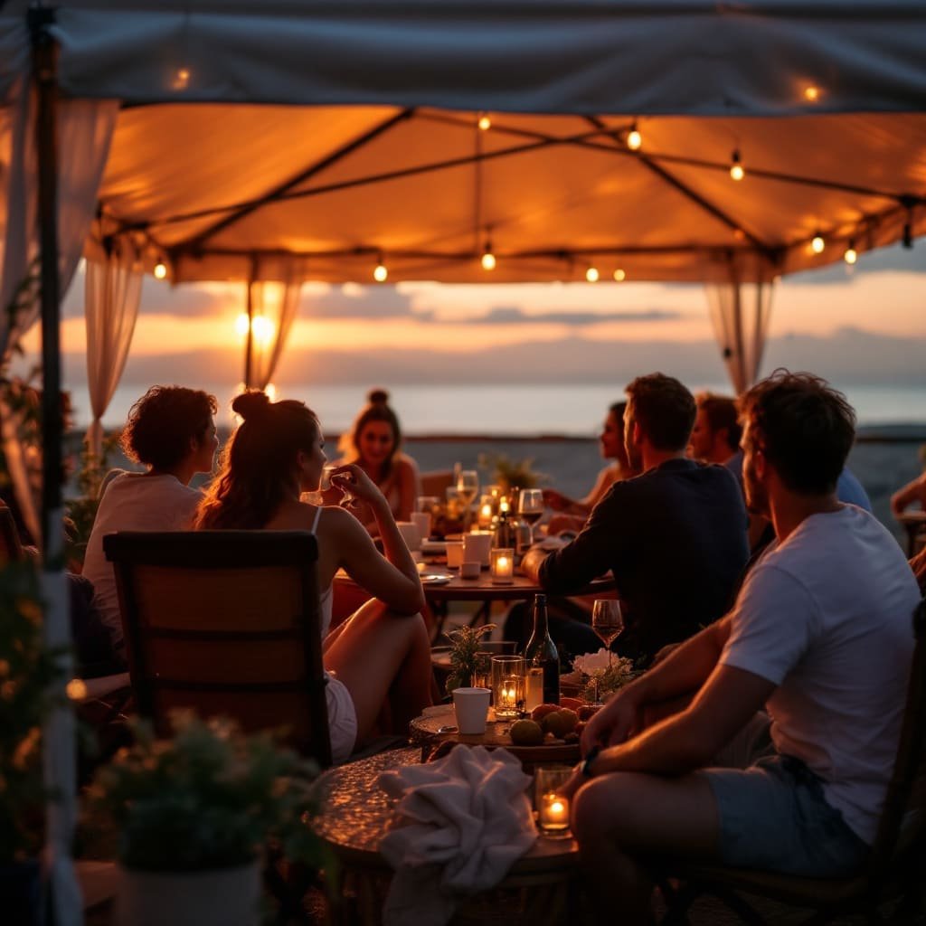 Tonnelle pliante élégamment éclairée avec une guirlande LED créant une ambiance chaleureuse