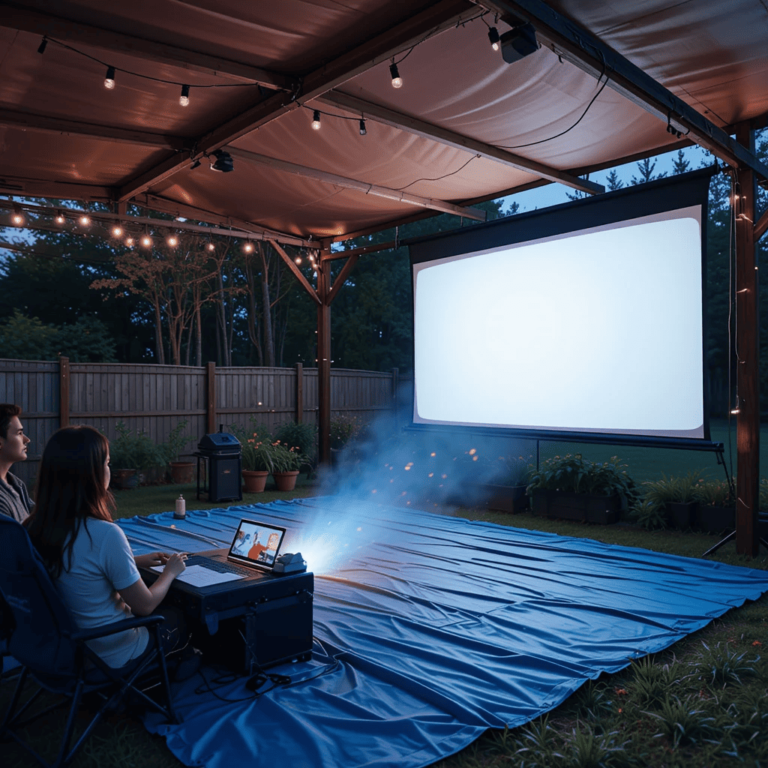 Cinéma en plein air sous tonnelle avec vidéoprojecteur portable et écran anti-reflet