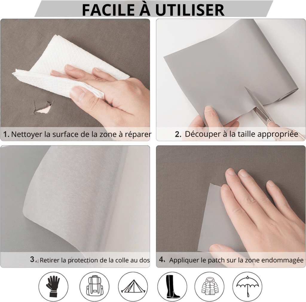 Réparation de déchirure sur toile de tonnelle avec patch adhésif et couture renforcée