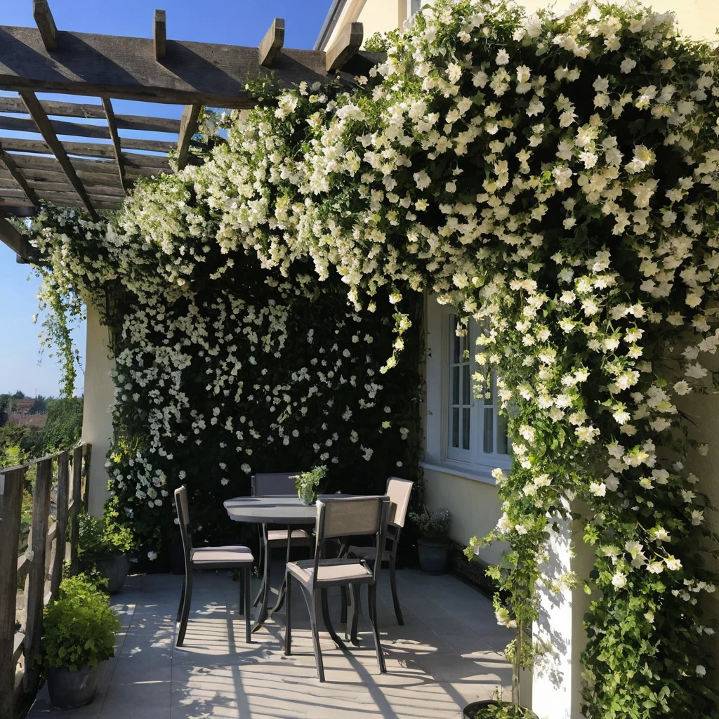 Tonnelle en bois recouverte d'un jasmin étoilé grimpant en fleurs.