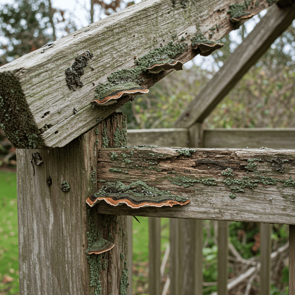 Pourriture et moisissures sur tonnelle en bois