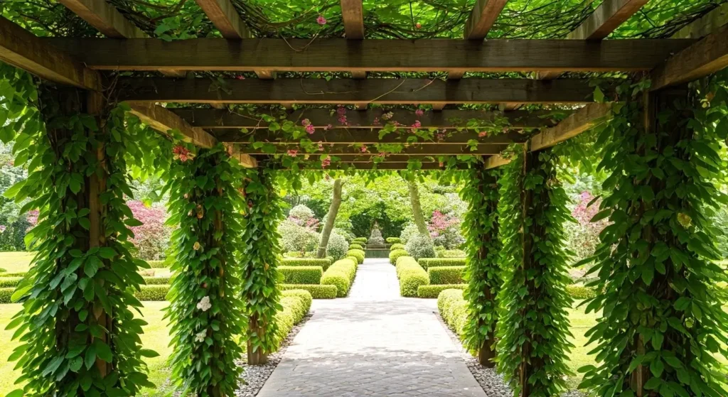 Tonnelle offrant un espace intime d'ombre et charmant grâce à un rideau de plantes grimpantes