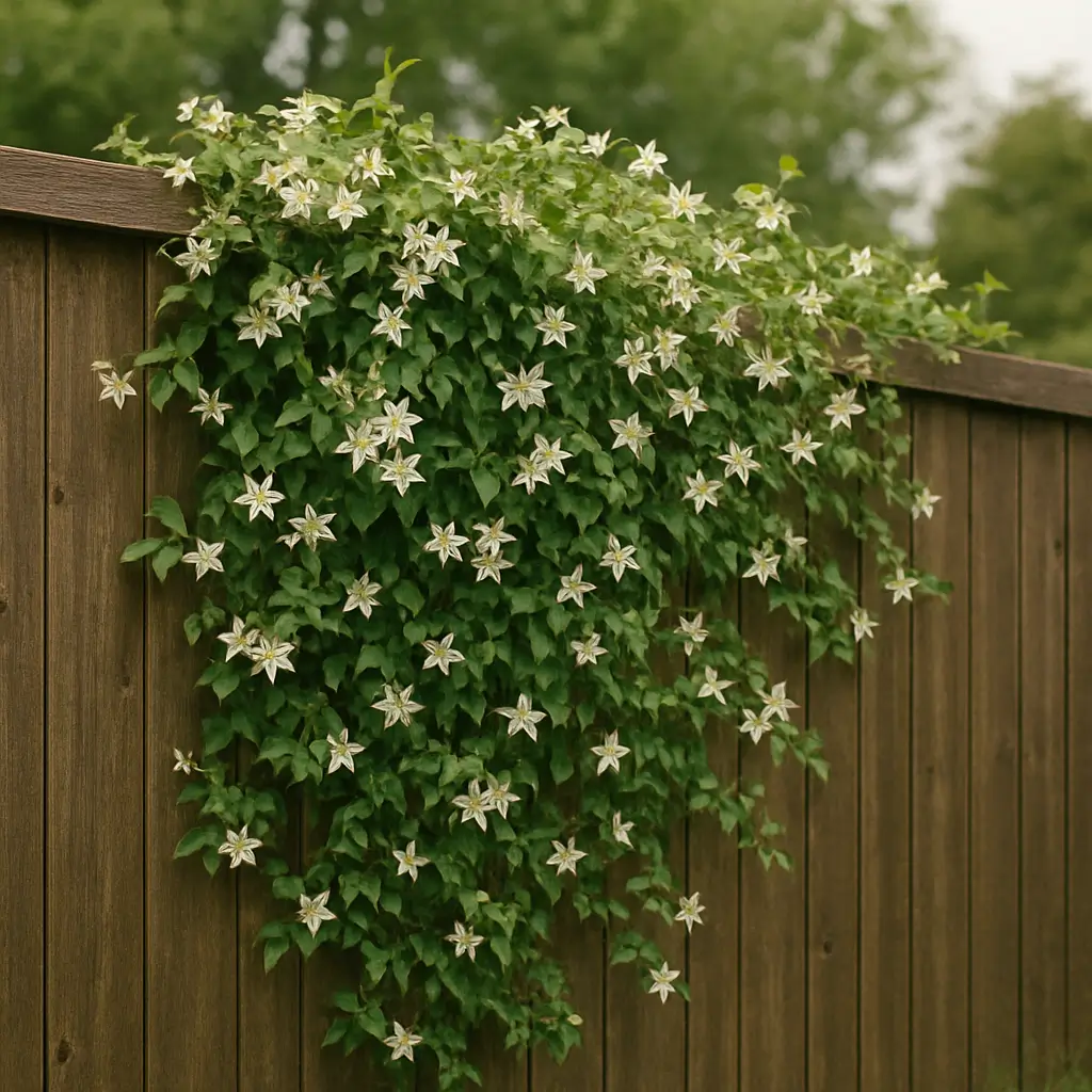Un jasmin fleuris grimpant sur une palissade en bois.