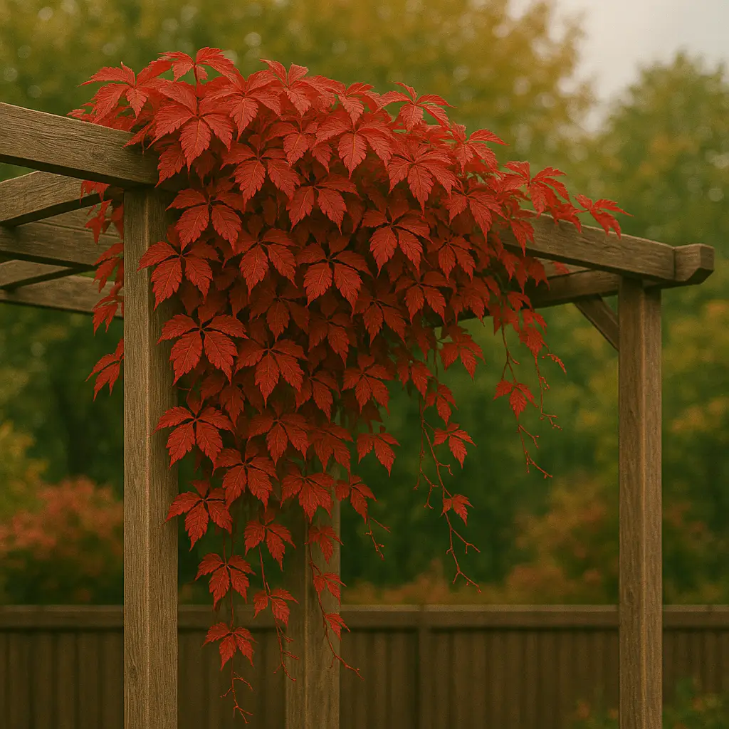 Vigne vierge en automne avec son feuilla rouge sur une tonnelle en bois.
