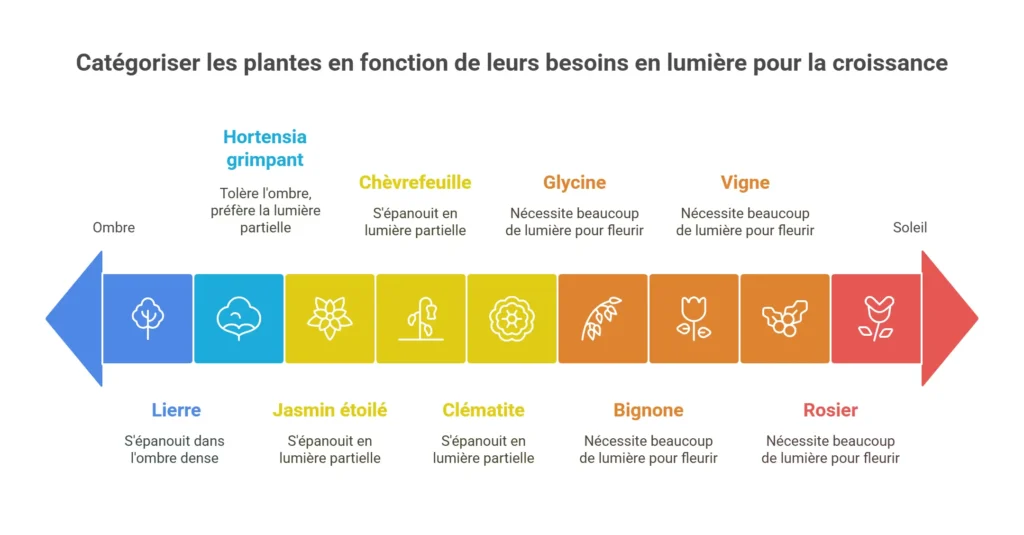 Infographie expliquant comment bien choisir ses plantes grimpantes selon l'exposition de sa tonnelle ou de sa pergola.