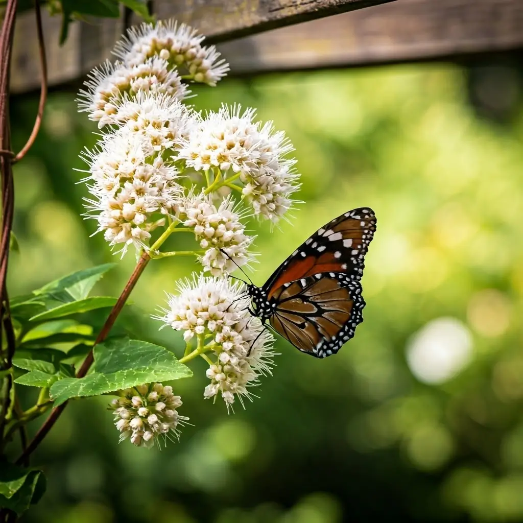 Papillon butinant une fleur sur une plante grimpante de tonnelle, favorisant la biodiversité