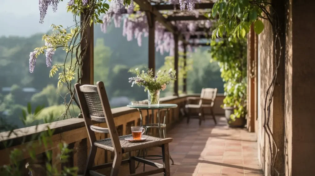 Des fleurs de glycine sur une tonnelle en bois, un salon de jardin et un paysage appaisant.