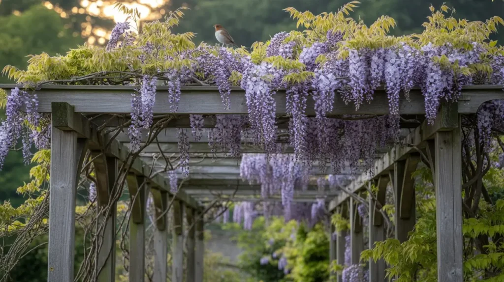 Une majestueuse glycine violette s'épanouissant sur une pergola en bois.