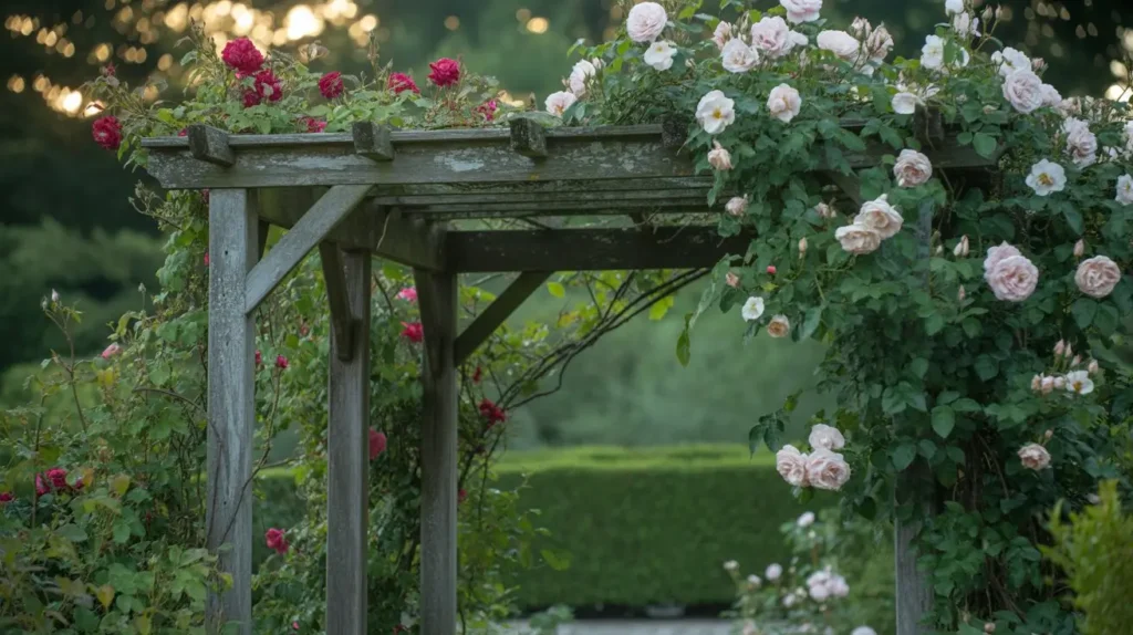 Une superbe rosier grimpant rose sur une tonnelle en bois.