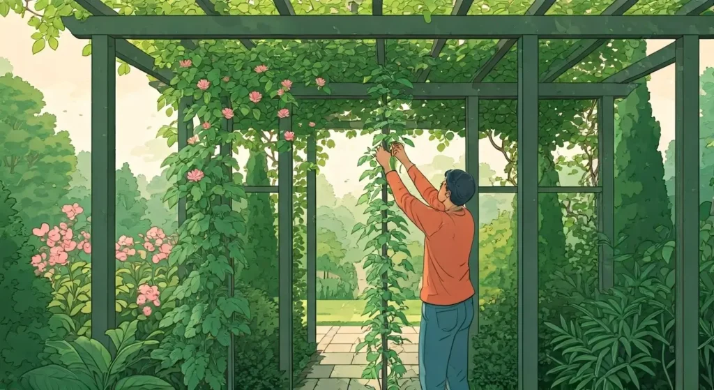 Un dessin représentant un homme en train de tuteurer une plante grimpante sur sa pergola en bois