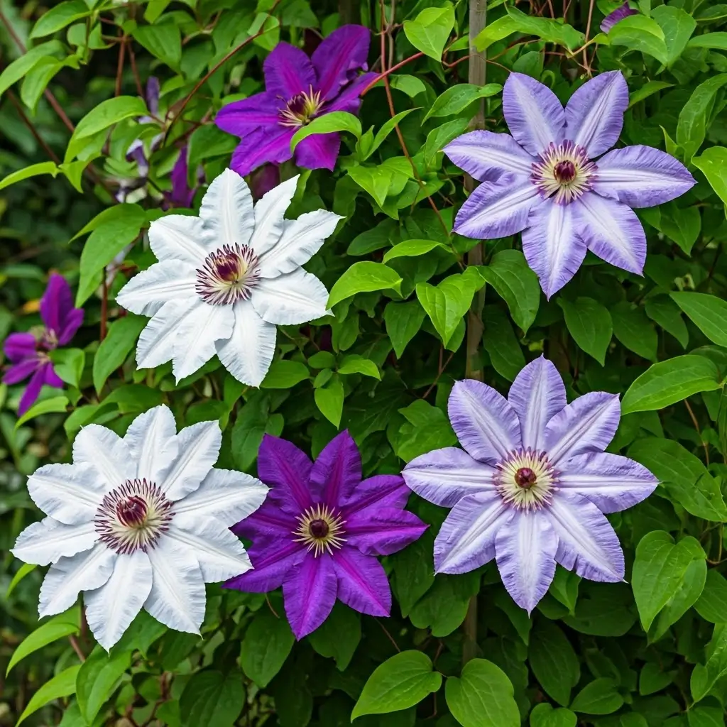 Grosses fleurs violettes et élégantes de Clématite grimpant sur un support de tonnelle