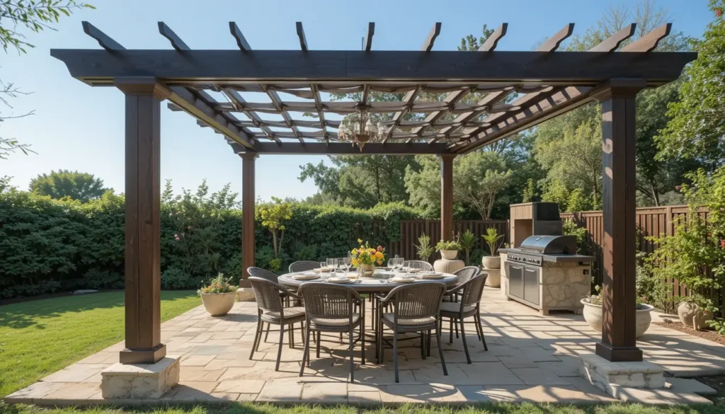 Tonnelle de jardin abritant un coin repas convivial, barbecue positionné à proximité.