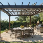 Tonnelle de jardin abritant un coin repas convivial, barbecue positionné à proximité.