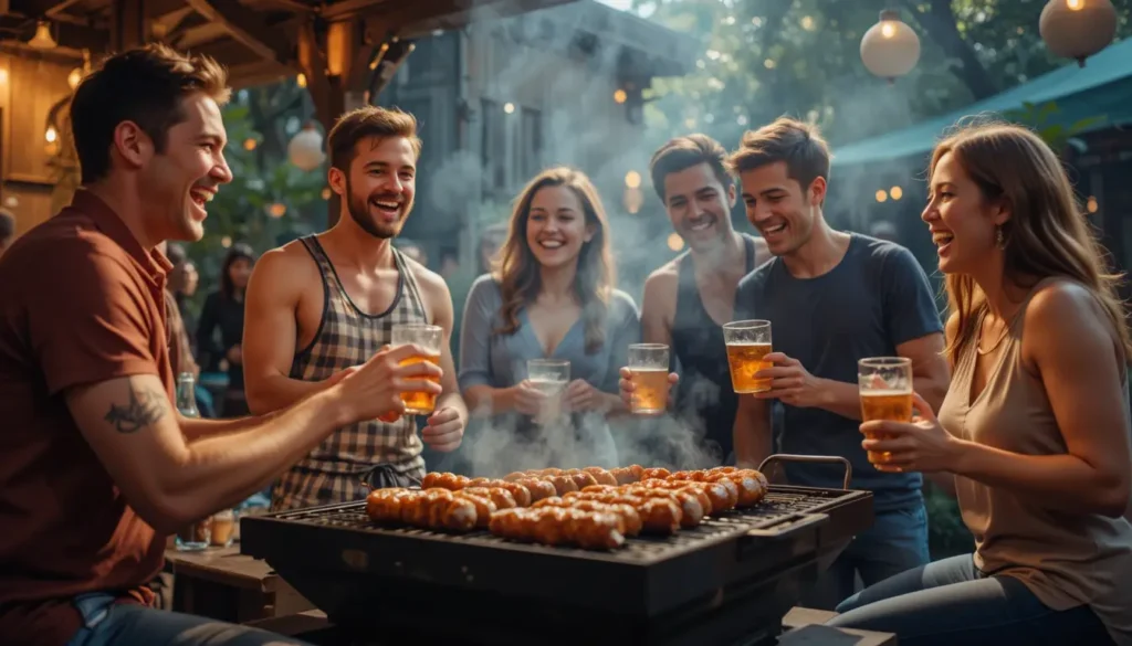 Moment convivial autour d’un barbecue dans un jardin, ambiance estivale et chaleureuse.