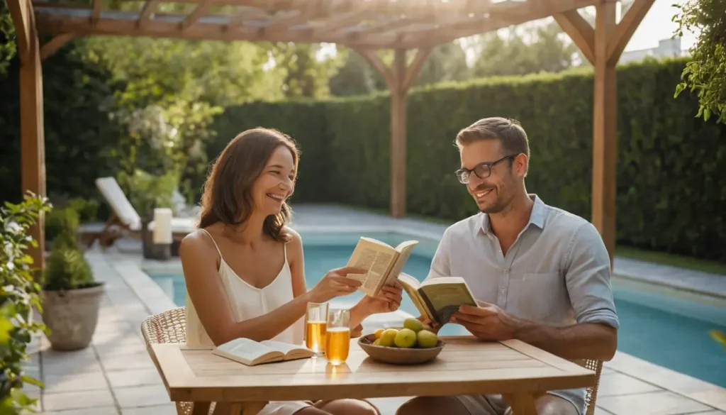 Un couple passant un bon moment au bord de leur piscine à l'ombre de leur tonnelle/pergola.