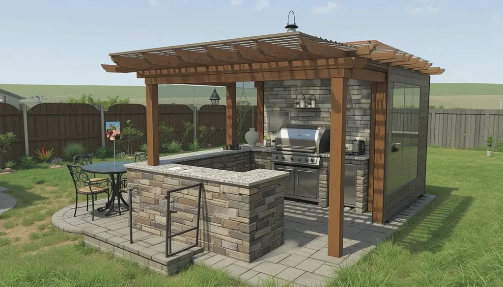 Plan d’aménagement d’un espace barbecue avec tonnelle, coin repas et coin cuisson sécurisé.