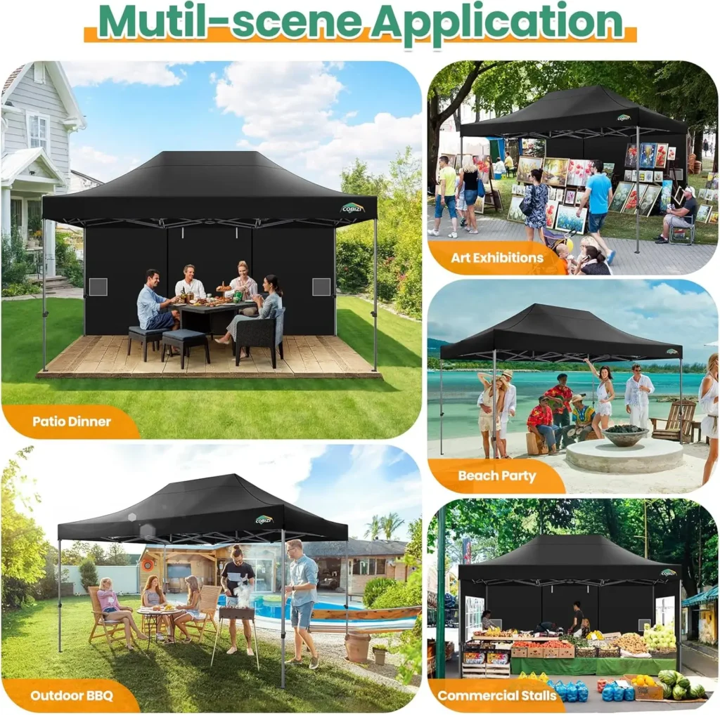 Photo illustrant les différentes utilisations d'une tonnelle 3x4m (marché, repas en famille, sortie à la plage...)